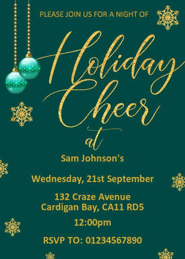 Christmas Drinks Invitation. christmas party invitation with snowflakes and green background