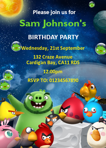 Angry Birds and green pigs invitation card