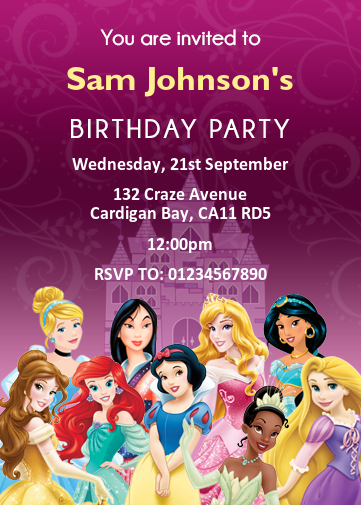 Personalised Disney Princesses Invitations and castle
