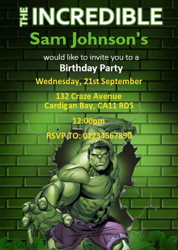 Incredible Hulk birthday invitation e-card