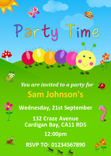colourful caterpillar kids party invitation