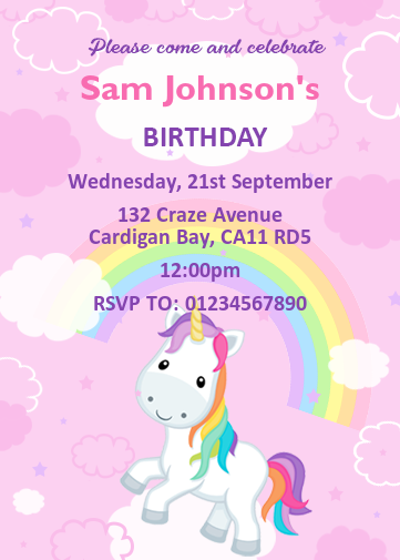 Unicorn and rainbow kids party invitation