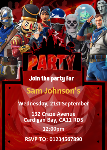 fortnite party invitation with season 9 characters