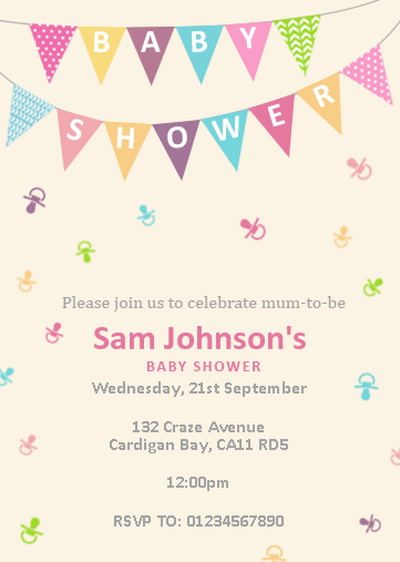 baby shower invitation with colourful bunting and dummies