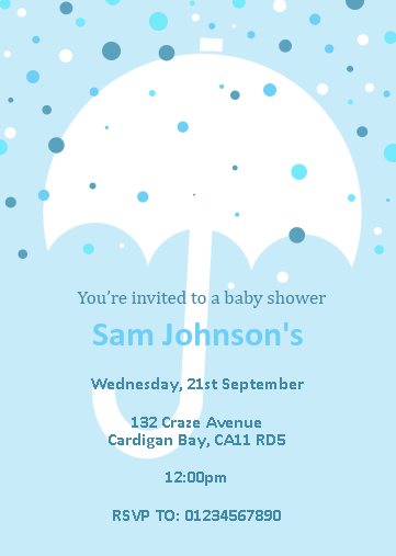 blue baby shower invitation with white umbrella design.