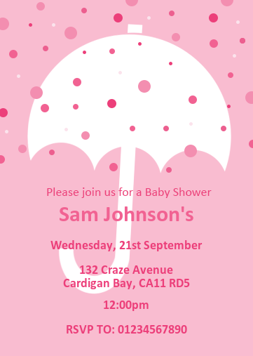 pink baby shower invitation with white umbrella