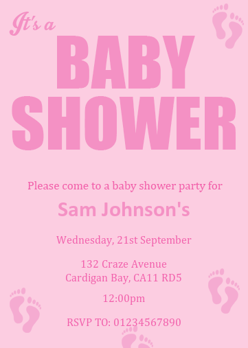 Baby shower invitation with pink text and baby feet design