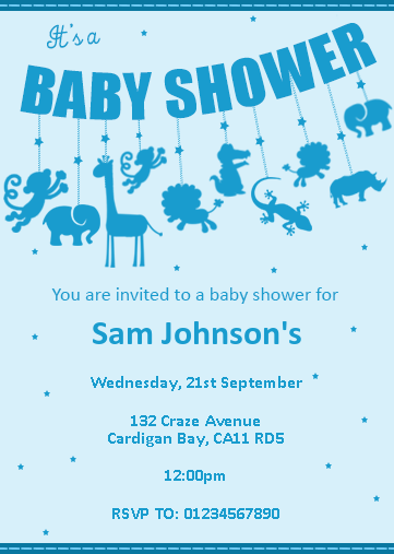 baby shower blue invitation with mobile animal design.
