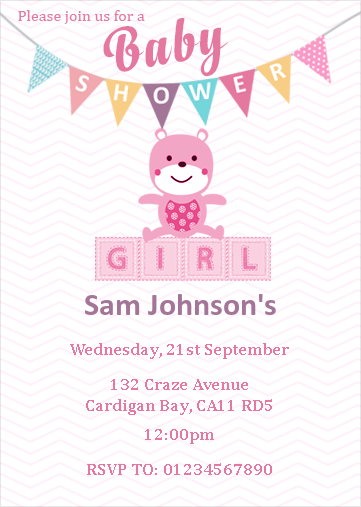 baby shower girl invitation with pink bear on play blocks