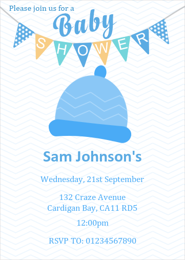 baby shower invitation with blue boys bobble hat and bunting