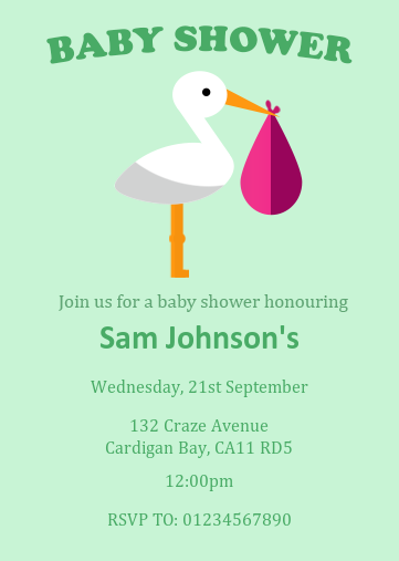 baby shower invitation with stork carrying baby in sack