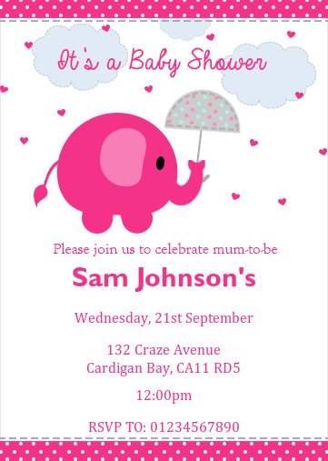 pink baby shower invitation with elephant