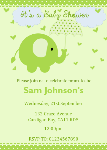 Baby shower invitation with green elephant and dotted umbrella