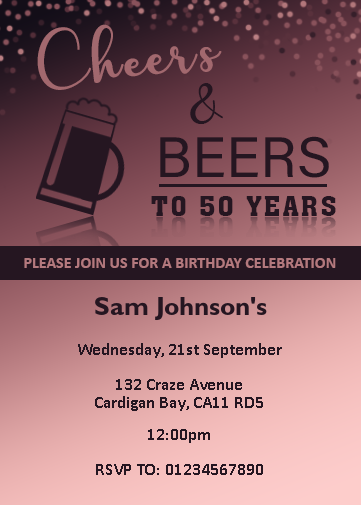 50th party invitations rose gold design cheers and beers text 50th evite
