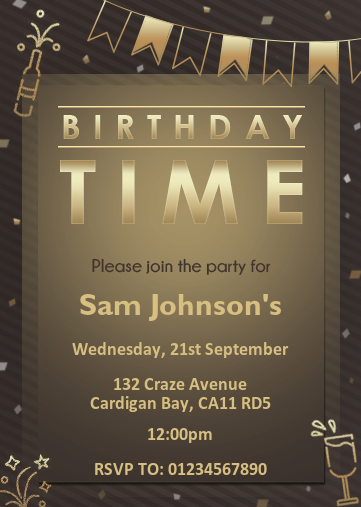 Birthday evite with gold bunting effect