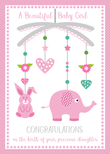 New baby girl ecard with carousel toys background in pink