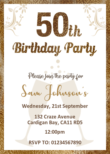 50th birthday evite with gold effect text and champagne glasses