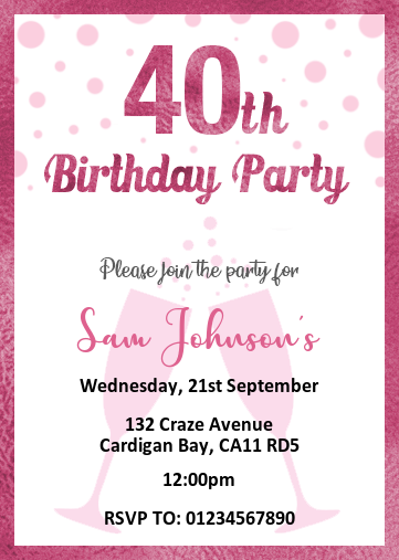 40th birthday party evite with pink foil text effect and border