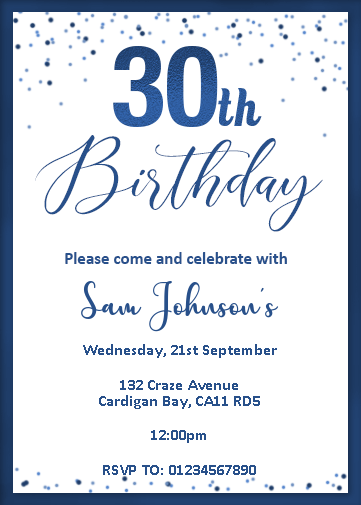 30th party evite with star effect background in blue colours