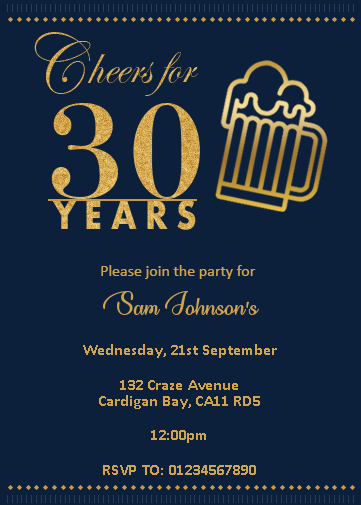 30 years birthday evite in digital format to personalise. Gold beer design.