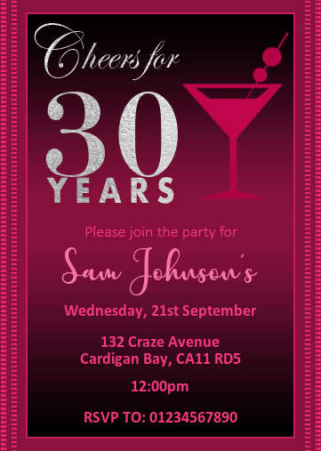 30th birthday evite invitations with cocktail glass