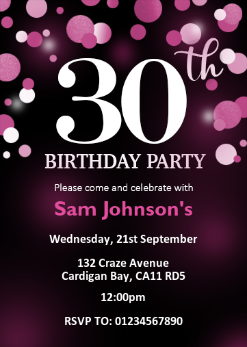30th party invites digital with purple bubble effect
