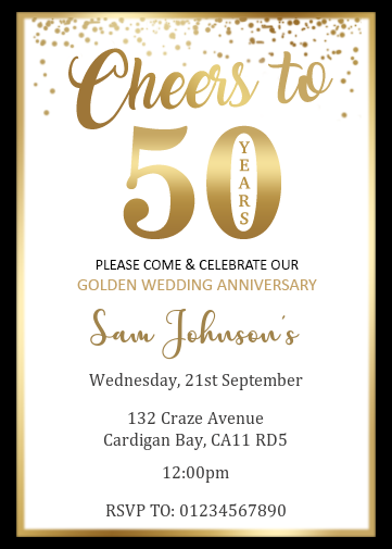 50th anniversary evites with black and gold border and text