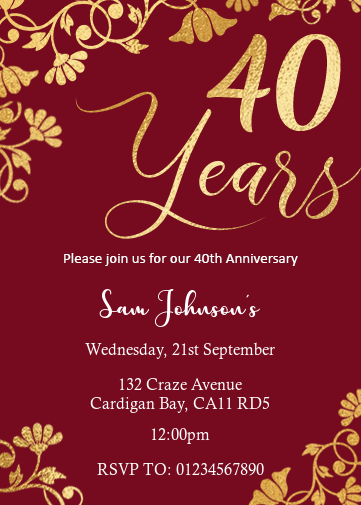 40th anniversary evite with red background and gold text
