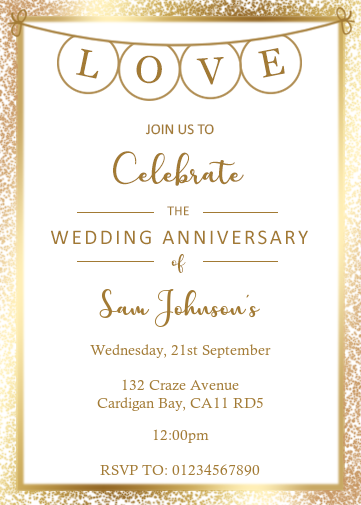 Wedding anniversary evite with love bunting and gold effect