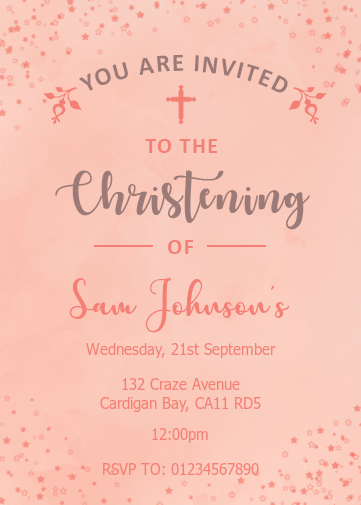 christening invitation in peach colour with star effect