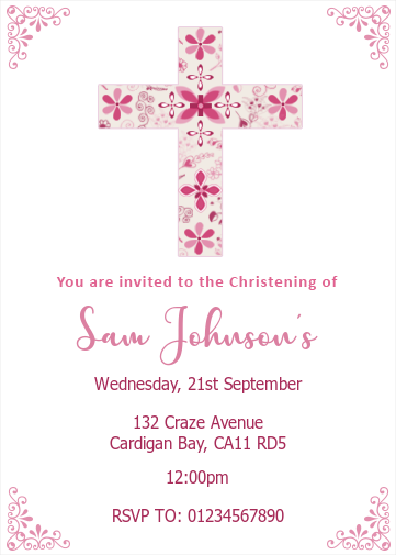 free christening evites with pink cross and floral border