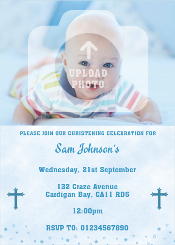 Boys Christening Invitation Template with space for a baby photo. Personalise your design.
