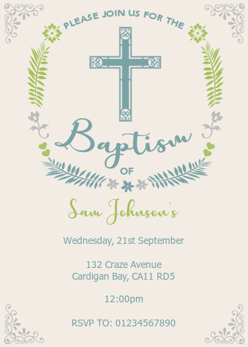 Baptism evite with flower border and green cross