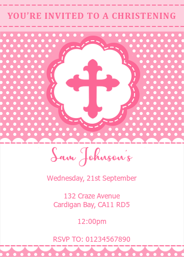 free christening evite with pink cross in flower shape