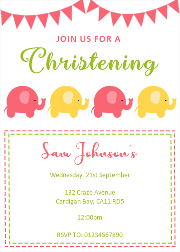 christening invitation with elephants and bunting