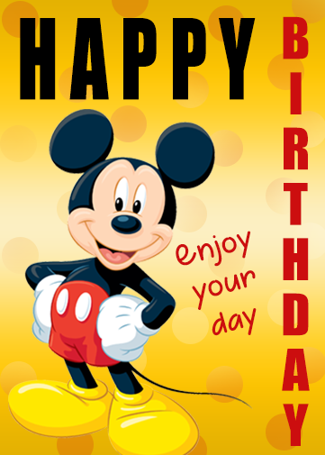 Personalised Mickey Mouse eCard with mickey on the front and yellow background. Big happy birthday on the front.