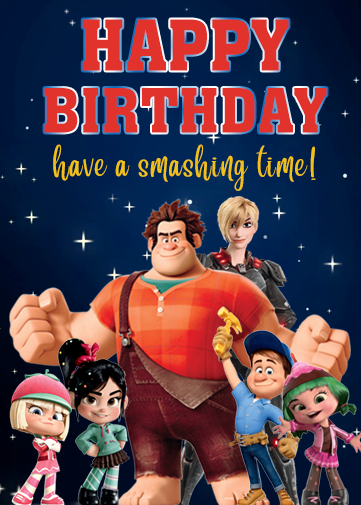 Wreck It Ralph birthday card with blue background and stars