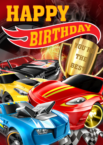 Hot Wheels Birthday eCard with 4 cars and happy birthday