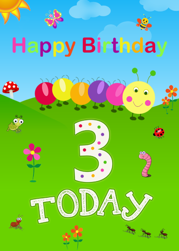 birthday ecard for 3 year old with caterpillar design.