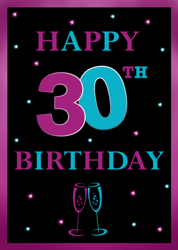 free 30th birthday ecard with black background and bright stars effect