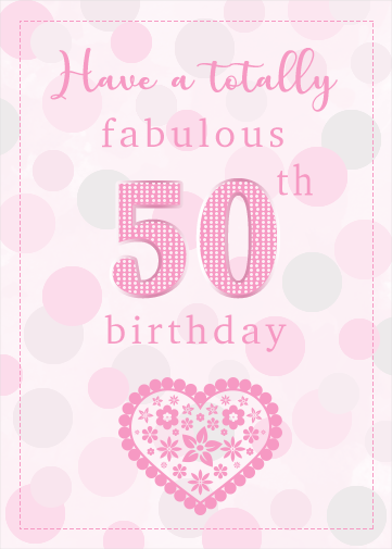 free 50th birthday ecard with dotty pink background colours and heart