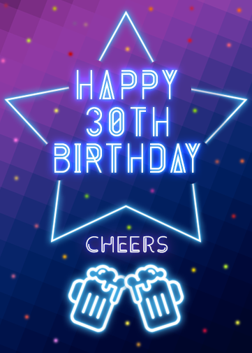 30th brithday ecard with star and 30th birthday in neon style