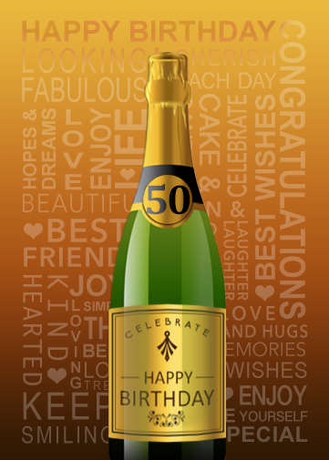 50th birthday ecard with bottle of champagne and words