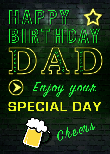 dad neon birthday ecard with cheers and pint of beer image