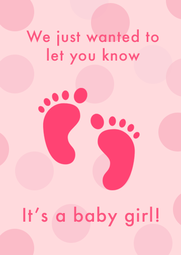 Baby Girl Announcement Card with pink little footprint saying it's a baby girl