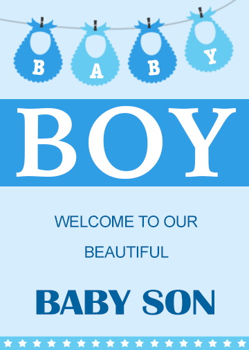 Personalised baby birth cards for a newborn boy with little blue bibs on the front