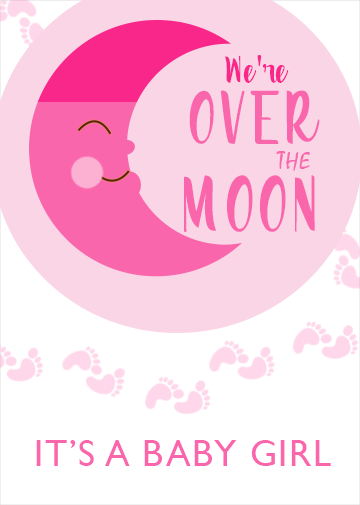 FREE baby girl ecard template with pink background and moon with little footprints