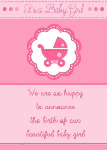online baby ecard template with pink pram and pink design