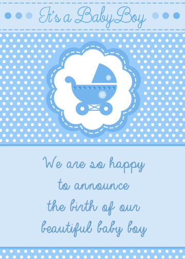 Personalised new baby card with blue background and pram with it's a boy