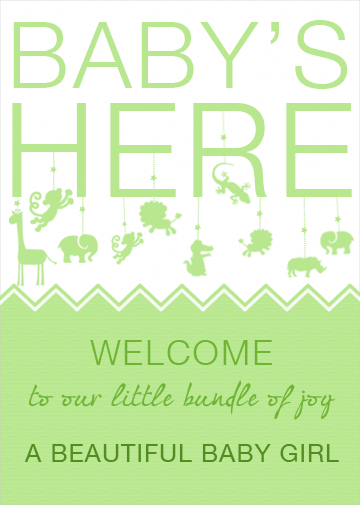 A New Baby Arrival Card with green design for a boy or girl. Little animals hanging down from a carousel.